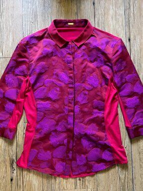 ELIE TAHARI Red Purple Floral Jacquard Burnout Jersey Blouse Top Women's M